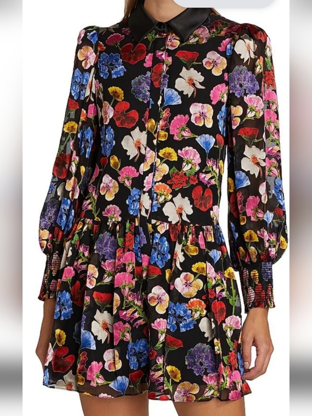 Alice + Olivia Black Floral Mini Dress with Multicolor Blooms - Picture 1 of 9